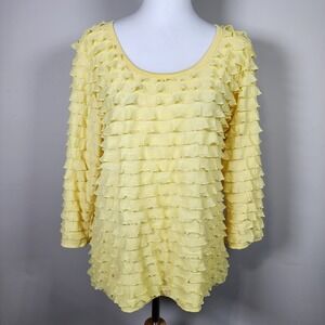 Travel Elements Ruffle Shirt Women Medium Yellow Stretch Resort Feminine‎ Happy